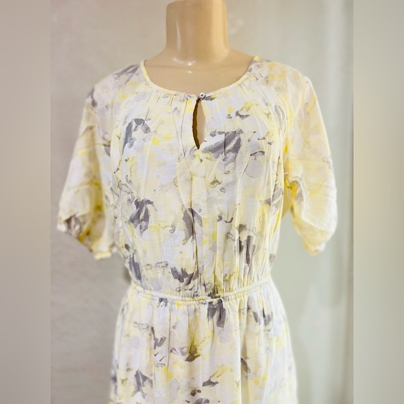 Nine West Yellow White Gray Floral Print Short Sleeve Peasant Dress Size M - Picture 3 of 16